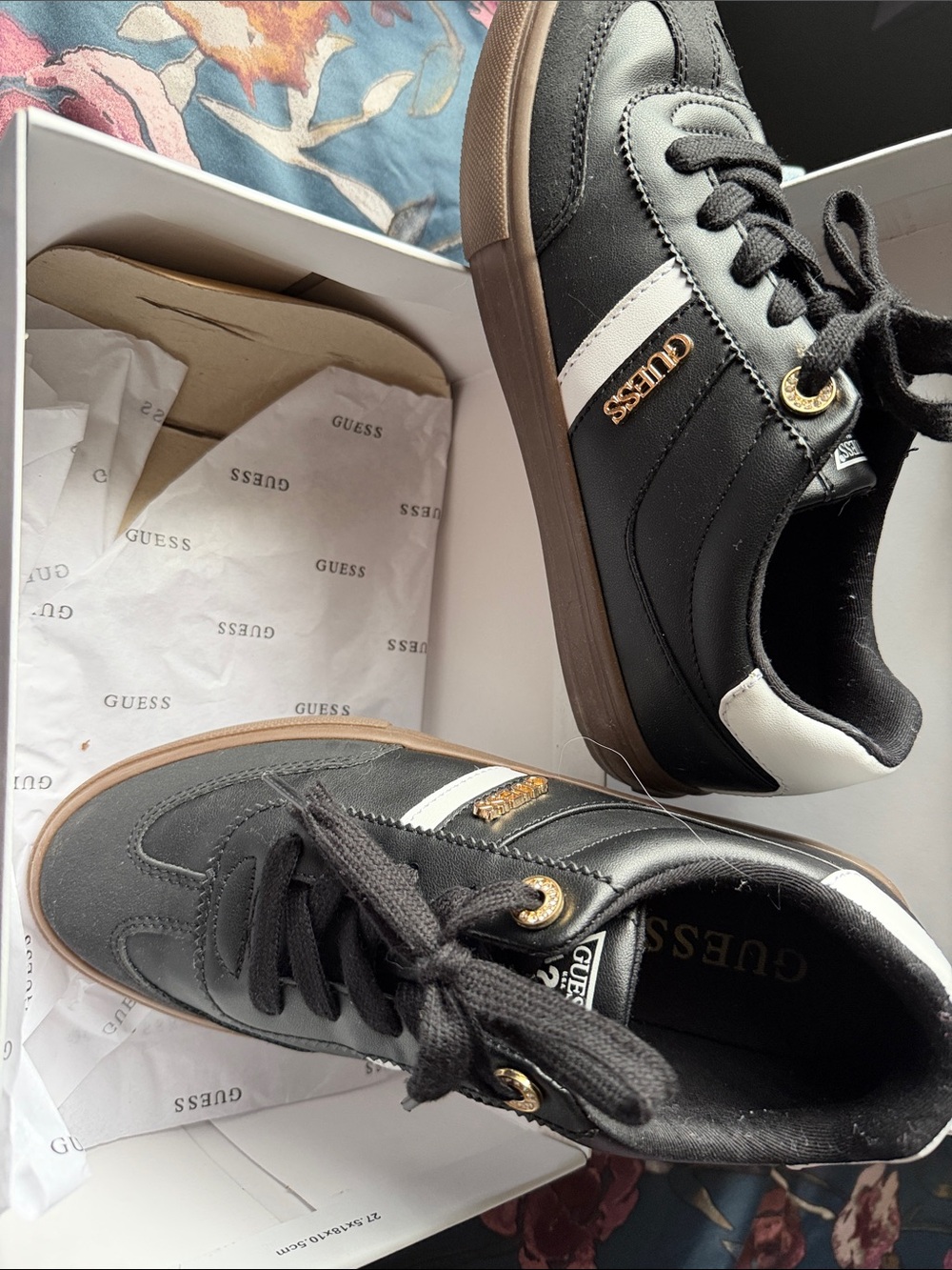 Guess Black and White Lace-Up Sneakers with Gold Accents